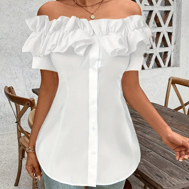 Women's Solid Color Off-Shoulder Ruffled Blouse - Waist Button-Down Shirt