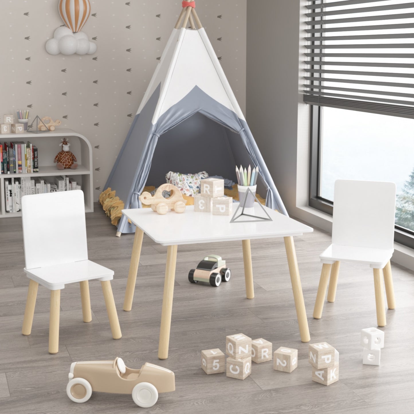 Kids Table And 2 Chairs Set, 3 Pieces Toddler Table And Chair Set, Wooden Activity Play Table Set W