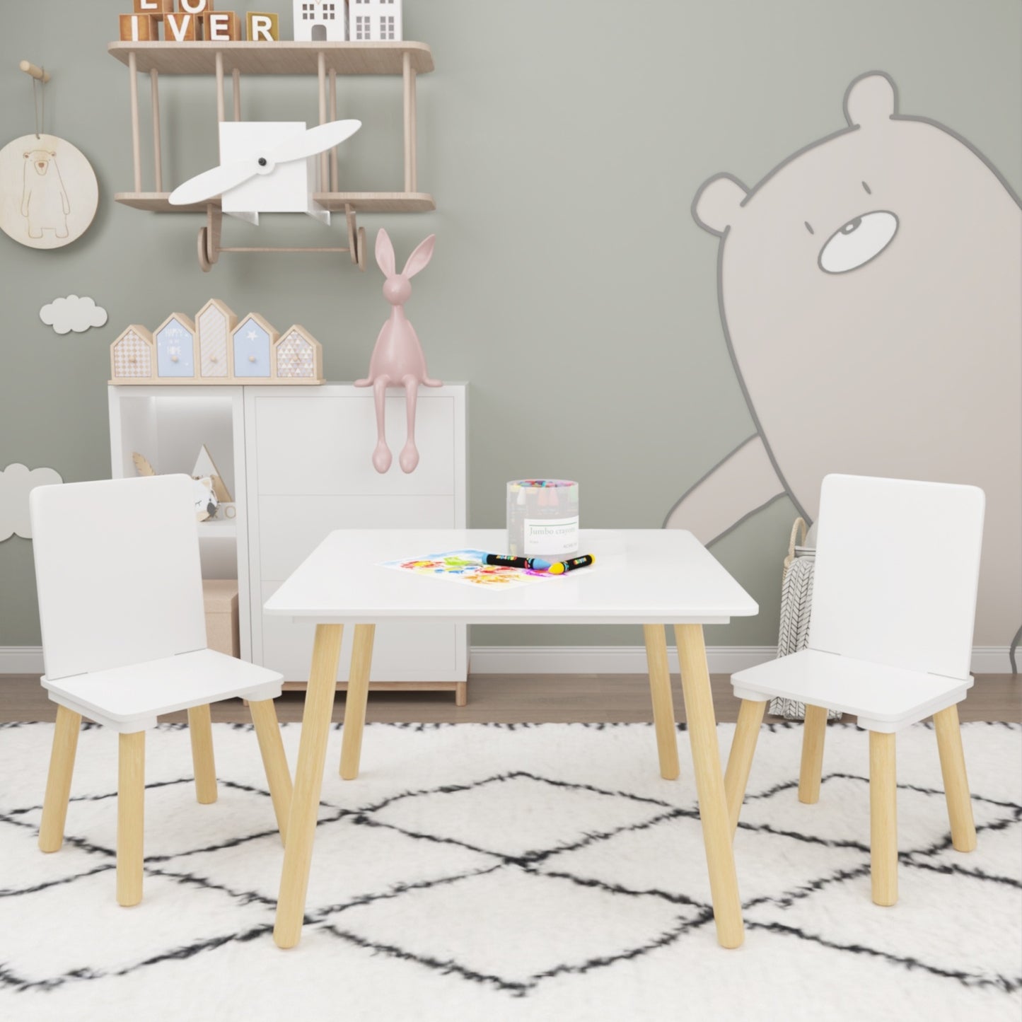 Kids Table And 2 Chairs Set, 3 Pieces Toddler Table And Chair Set, Wooden Activity Play Table Set W