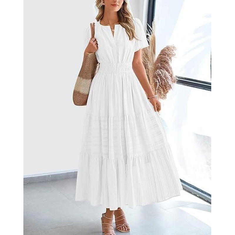 Summer Short Sleeve V Neck Swing Dress Flowy Pleated Tiered Maxi Beach Sundress