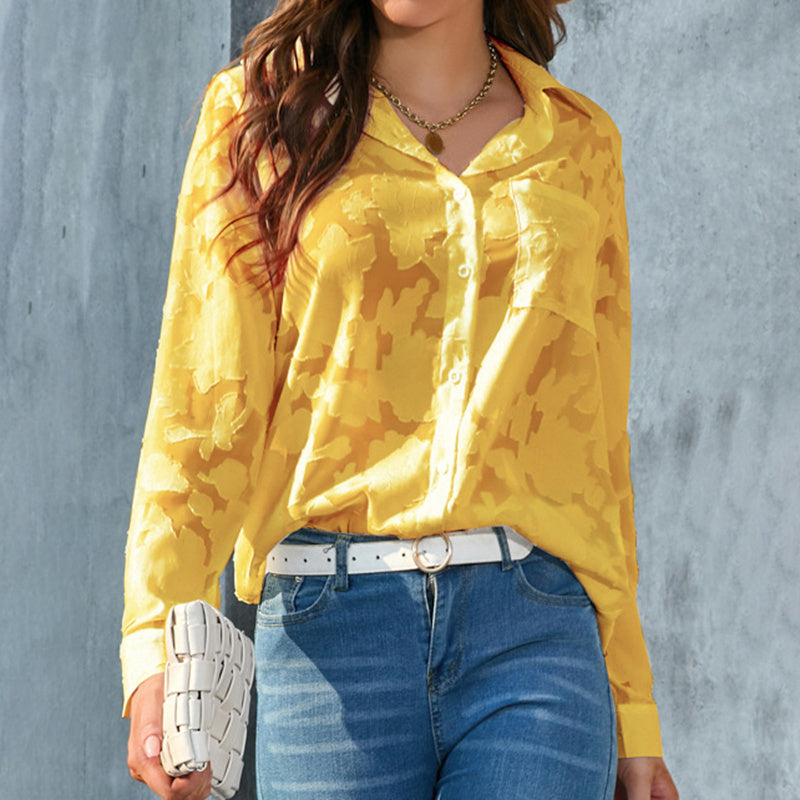 Women's Casual Sheer Button Down Shirt Long Sleeve V Neck Jacquard Blouse Top