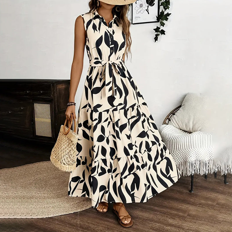 Sleeveless Boho Floral Maxi Dress Summer Button Shirt V Neck Flowy Belted Dresses