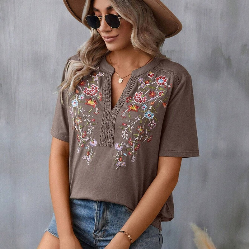 Women's Elegant V-Neck Floral Embroidery Lace Trim Short Sleeve Blouse Casual Top