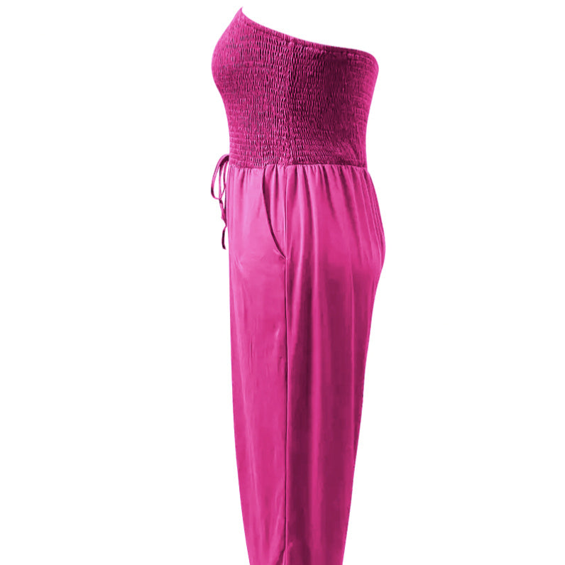 Elegant Jumpsuit Solid Color Strapless Top Straight Leg Pants Sleeveless Loose Pants