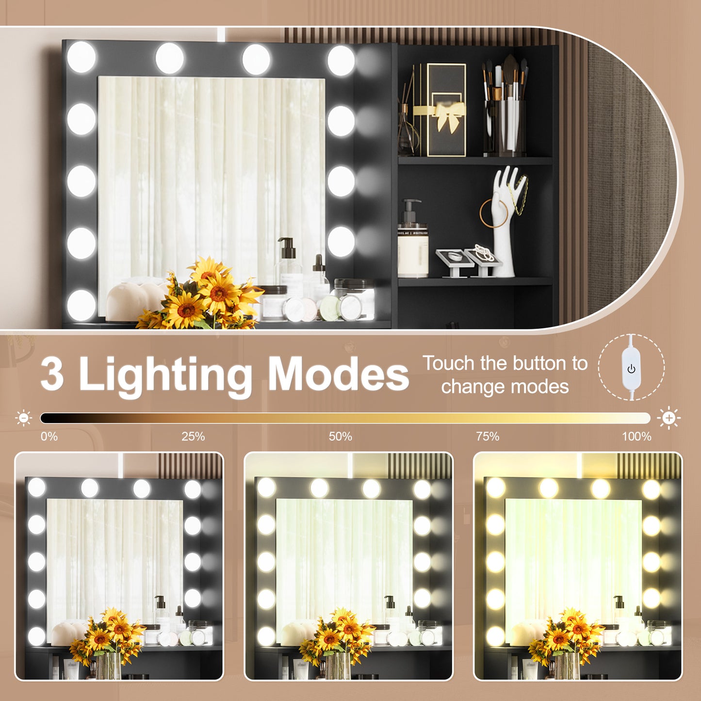 Vanity Desk With Mirror And 3 Lighting Modes, Makeup Vanity With Glass Top And Storage Shelves, Dressing Table With 2 Drawers And Cabinet