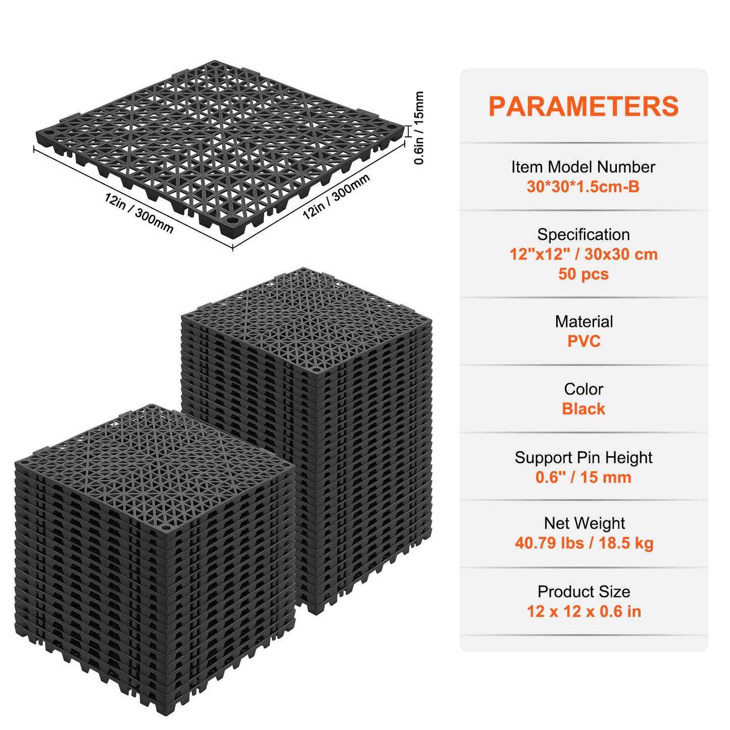 VEVOR Interlocking Tile 50PCS Black, Drainage Tiles Splicing, Soft PVC Interlocking Drainage Floor Tiles, Non-Slip Drainage Holes For Restroom, Bathroom, Kitchen, Pool, Wet Areas