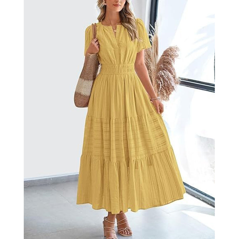 Summer Short Sleeve V Neck Swing Dress Flowy Pleated Tiered Maxi Beach Sundress