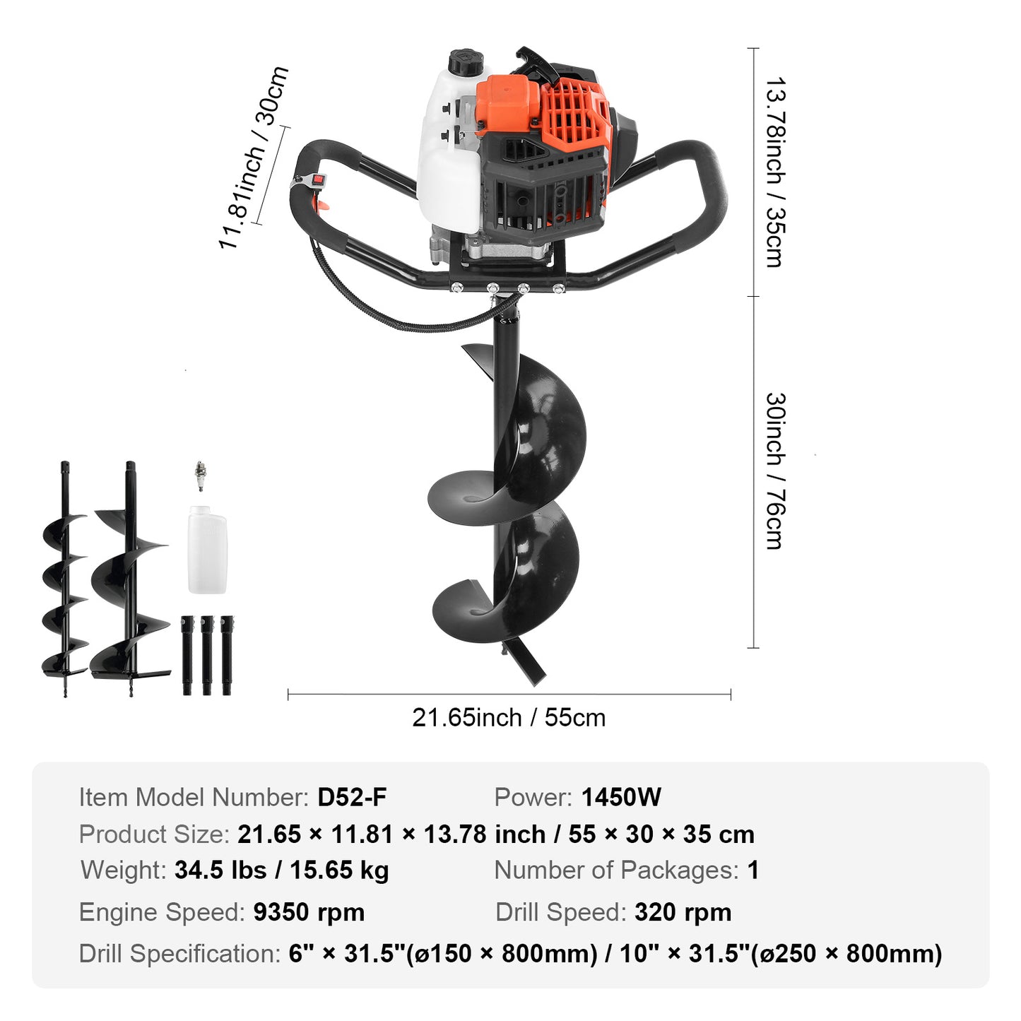 VEVOR Post Hole Digger, 52cc 1450W Auger Post Hole Digger, Gas Powered Earth Digger With Two Earth Auger Drill Bit3 Extension Rods, For Farmland, Garden And Plant, EPA Certification