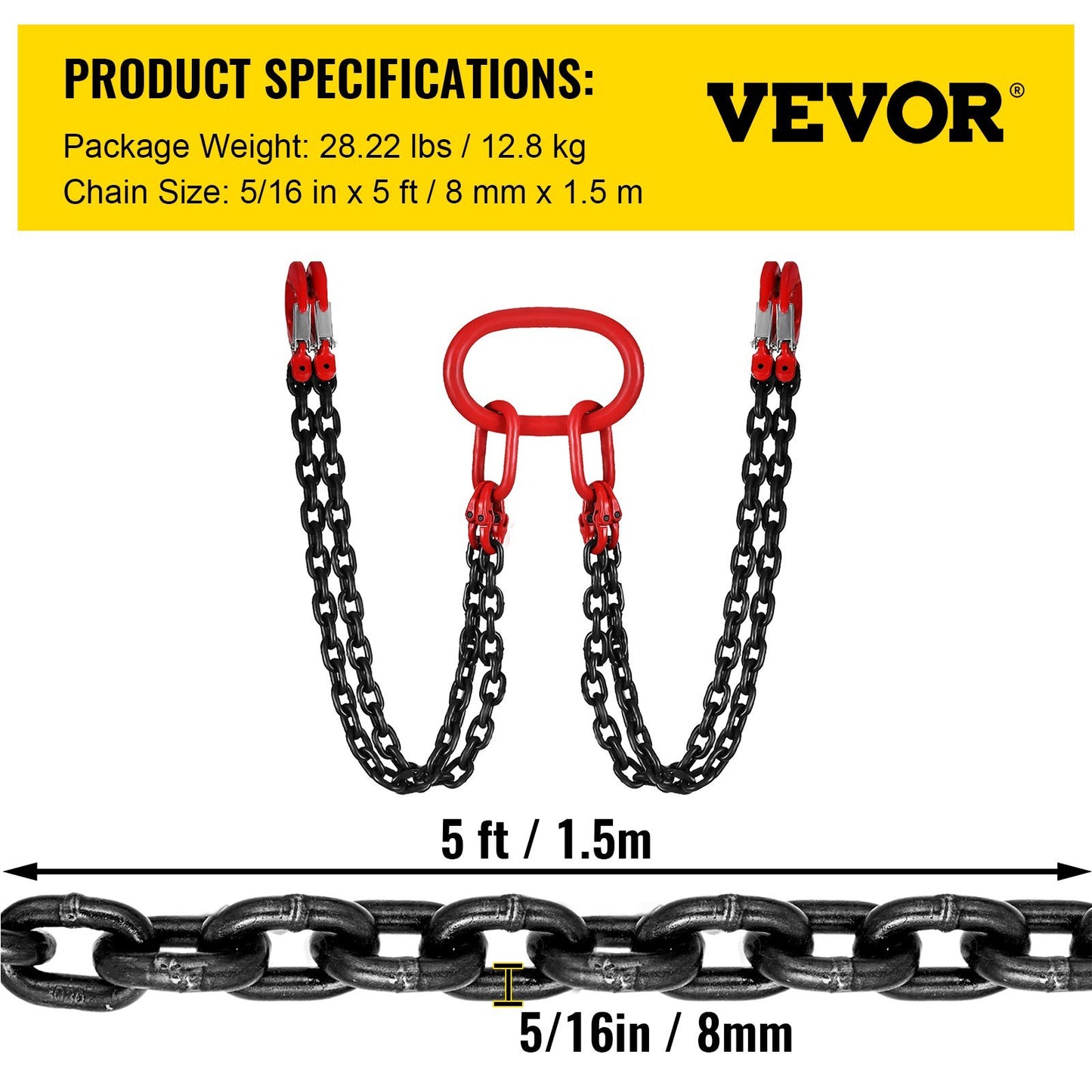 VEVOR 5Ft Chain Sling 5 Ft Engine Lift Chain G80 Alloy Steel Engine Chain Hoist Lifts 3 Ton With 4 Leg Grab Hooks