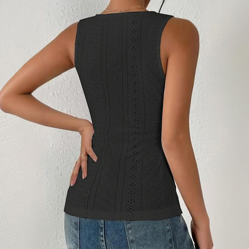 Women's V-Neck Sleeveless Ruched Tank Top Slim Fit Button Detail Summer Casual Tee