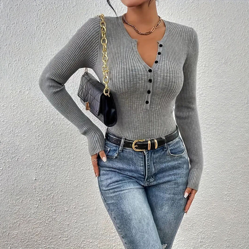 Women's Elegant V-Neck Button Detail Knit Sweater - Long Sleeve Solid Color Casual Pullover