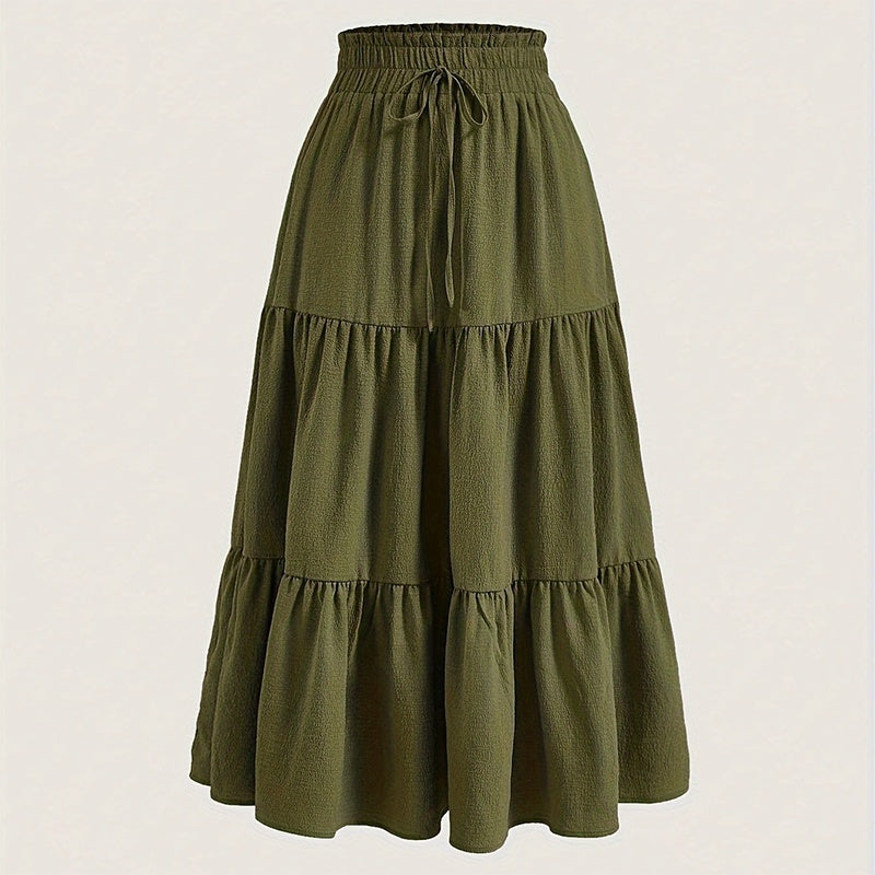 Women's Solid Color High-Waist Knot Detail Flowy Pleated Midi Skirt - Elegant A-Line Skirt