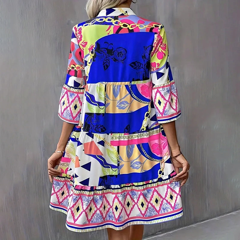 Mini Dress Casual V-Neck Printed Flared Sleeve Pleated Short Dress