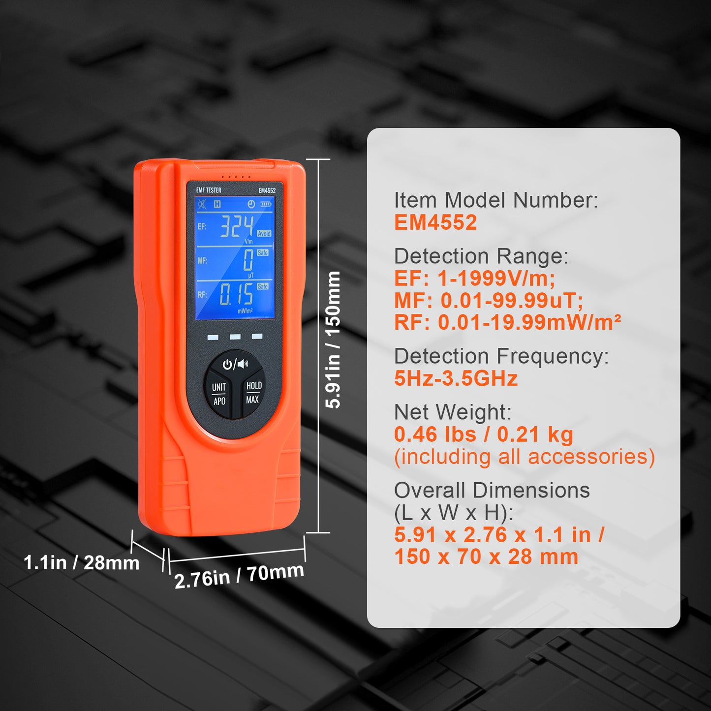 VEVOR EMF Meter, 5Hz 3.5GHz, Handheld Rechargeable Electromagnetic Field Radiation Detector, Digital LCD EMF Tester For EF MF RF Home Inspections Outdoor Ghost Hunting Paranormal Equipment