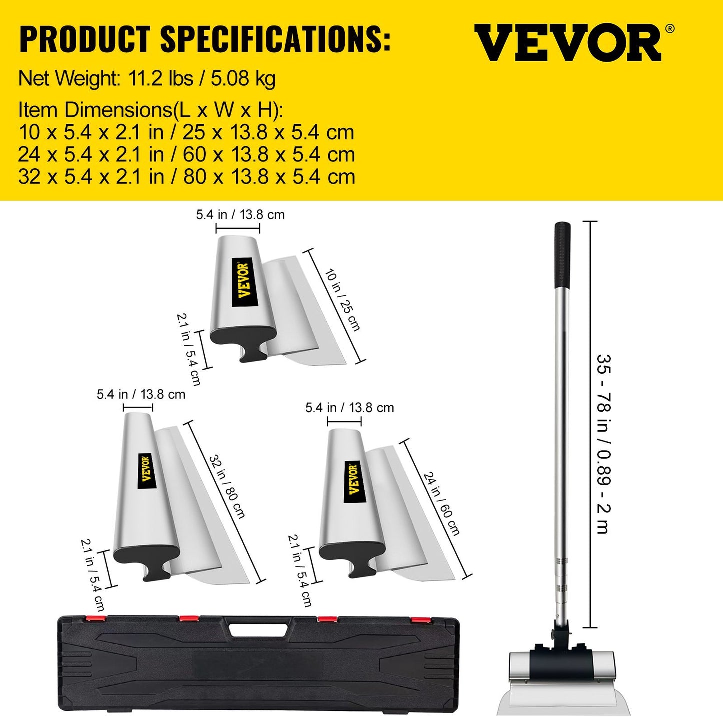 VEVOR Skimming Blade Set,Extension Handle,European Stainless Steel Construction Knife, Aluminum Blade Profile Smoothing Knockdown Spatula For Gyprock Drywall Wall Board