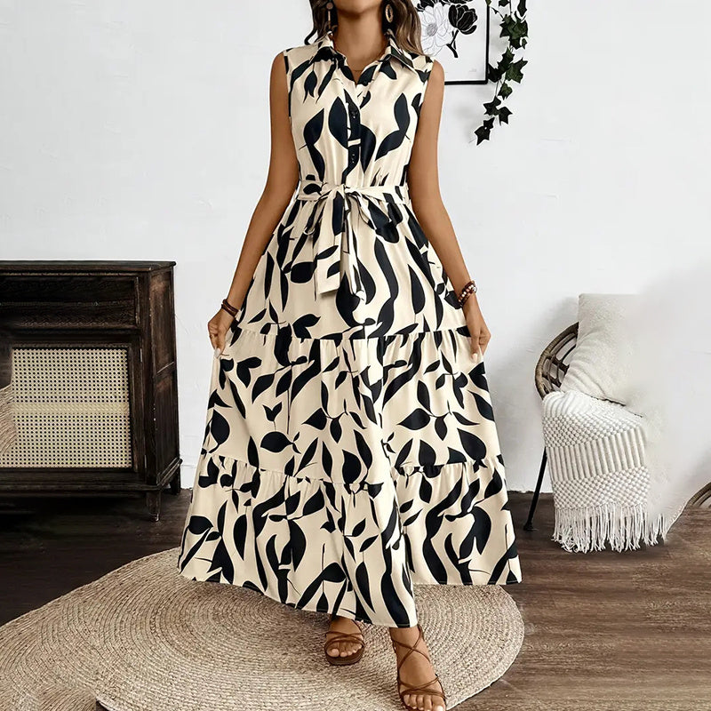 Sleeveless Boho Floral Maxi Dress Summer Button Shirt V Neck Flowy Belted Dresses