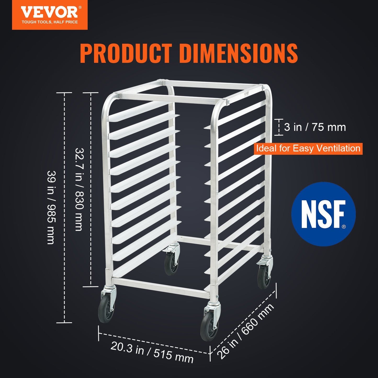 VEVOR Bun Pan Rack, 10-Tier Commercial Bakery Racks With Brake Wheels, Aluminum Racking Trolley Storage For Half & Full Sheet, Speed Rack For Kitchen Home, Bread Baking Equipment,