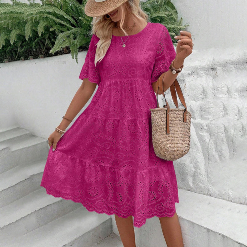 Women's Round Neck Embroidered Lace Short Sleeve A-Line Elegant Dress