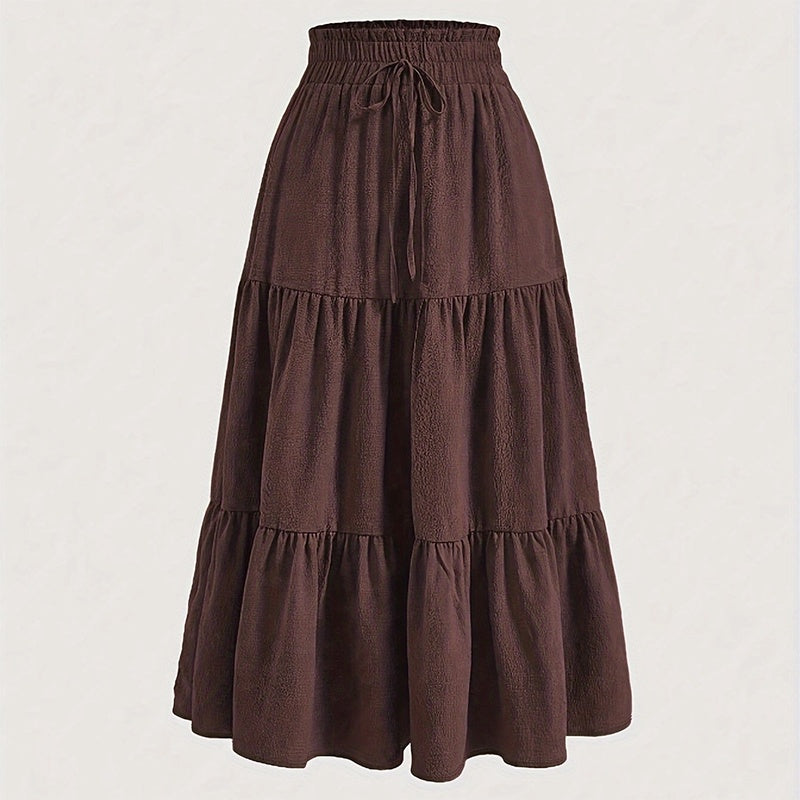 Women's Solid Color High-Waist Knot Detail Flowy Pleated Midi Skirt - Elegant A-Line Skirt