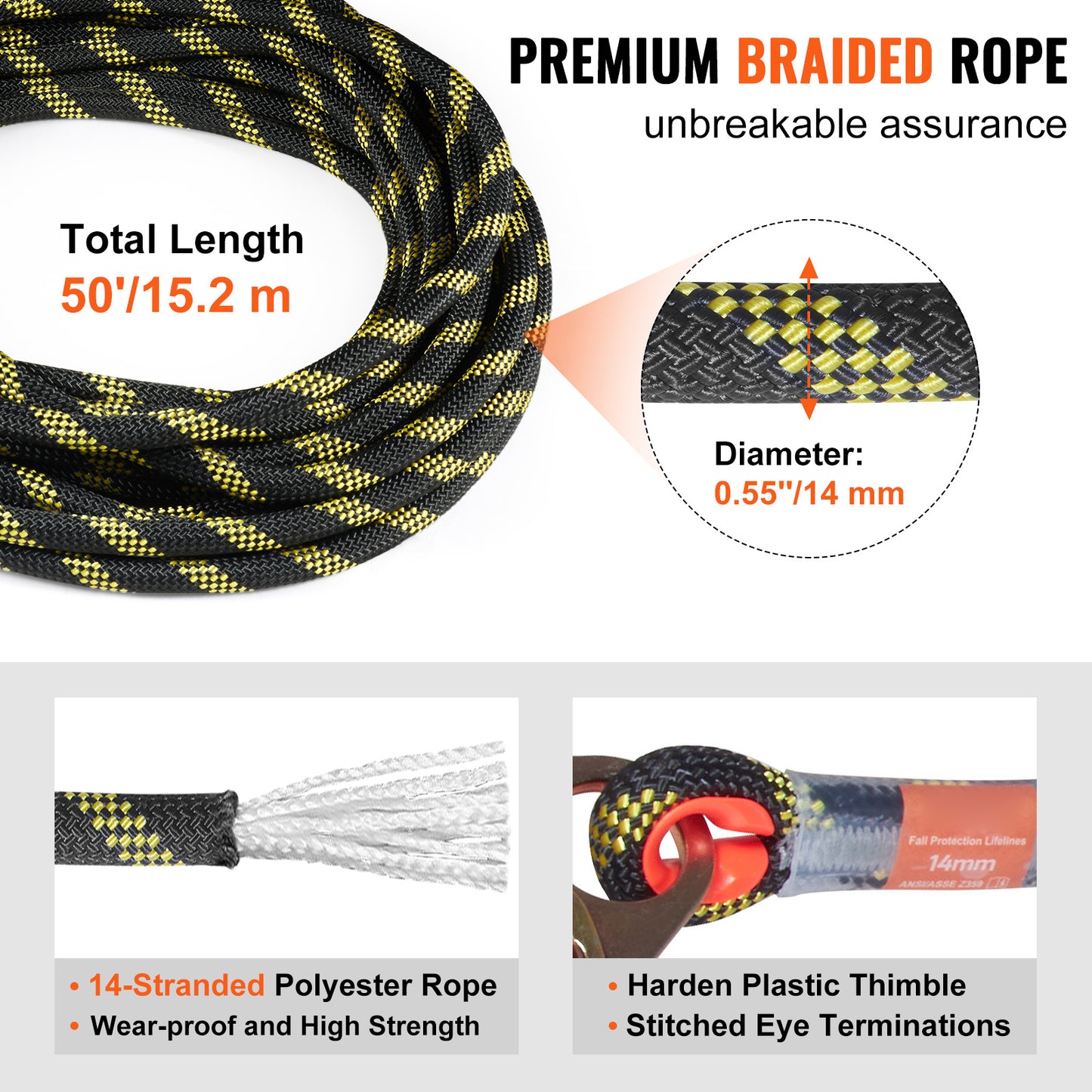VEVOR Vertical Lifeline Assembly, 0.55 X 50 Fall Protection Rope With 30 KN Breaking Tension, Polyester Roofing Rope With Steel Snap Hooks, Rope Grab, And Shock Absorber, ANSI Compliant