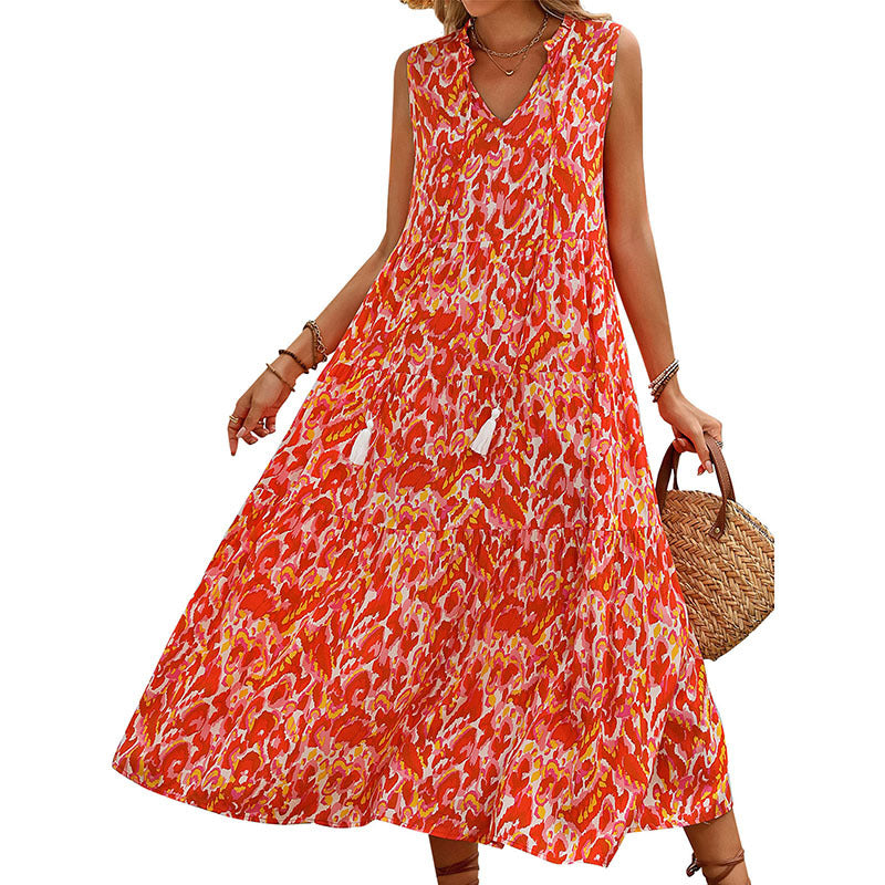 Women's Bohemian Sleeveless Tassel Tie-Dye Maxi Dress Casual Sundress