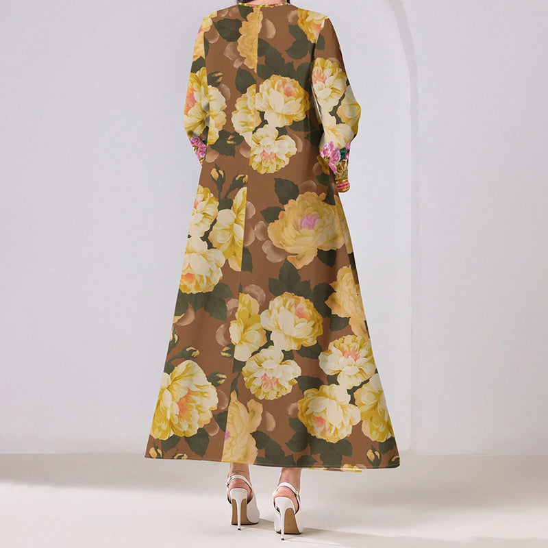 Women's Vibrant Floral Print V-Neck Long Sleeve Maxi Dress Elegant Bohemian A-Line Long