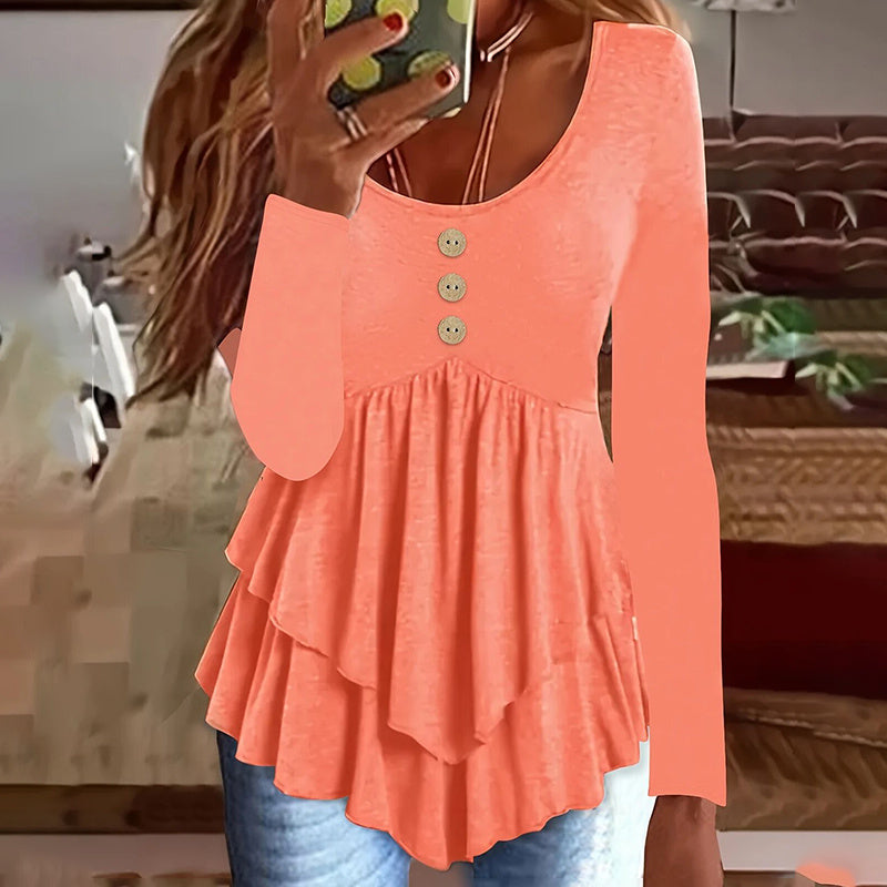 Casual Long Sleeve T-Shirt Solid Color Round Neck Layered Button Front Tunic Tops