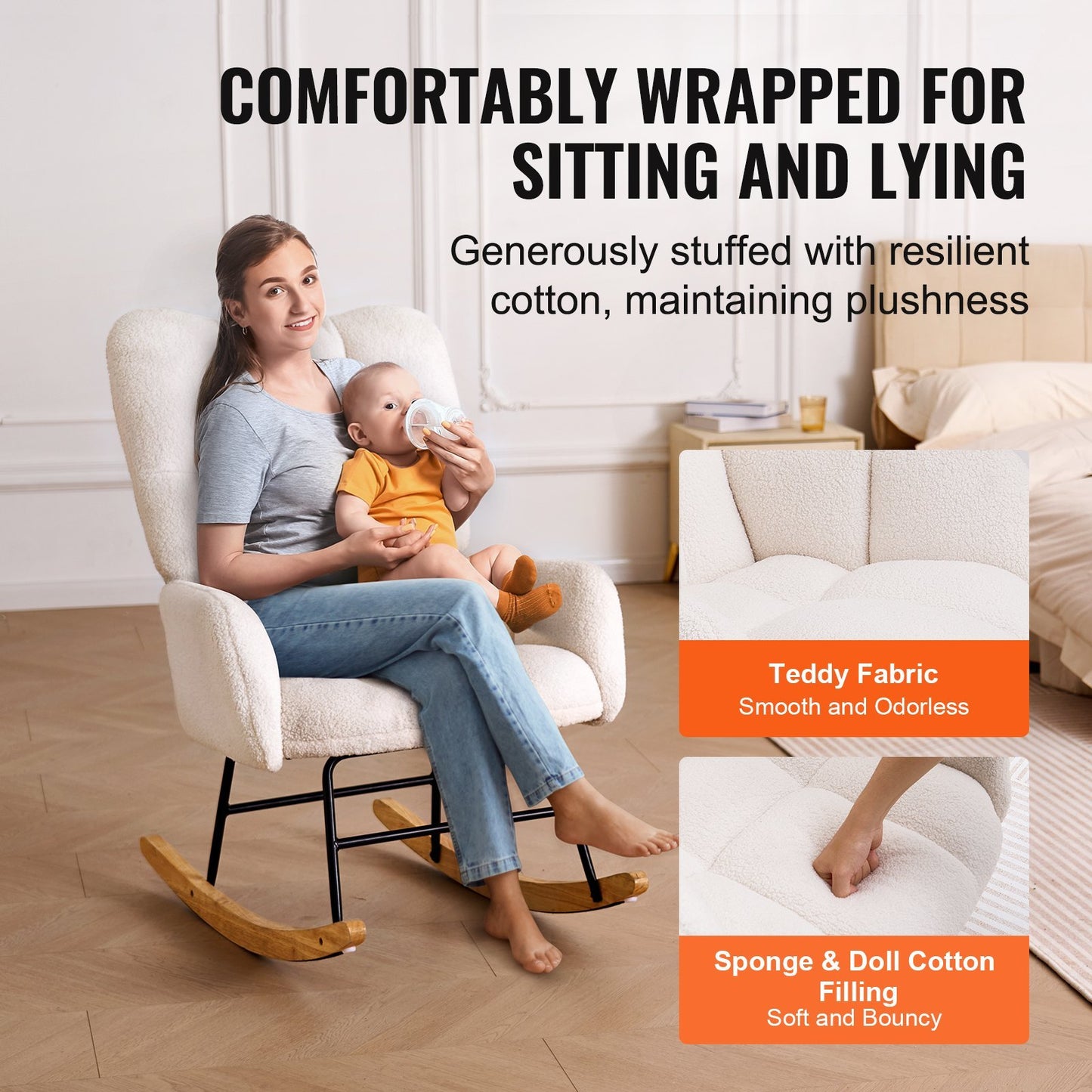VEVOR Rocking Chair Nursery, Glider Rocking Chair With Soft Seat And High Backrest, Electric Chair 250 Lbs Weight Capacity Teddy Fabric, Upholstered Glider Rocker Chair For Nursery, Bedroom, Living Ro