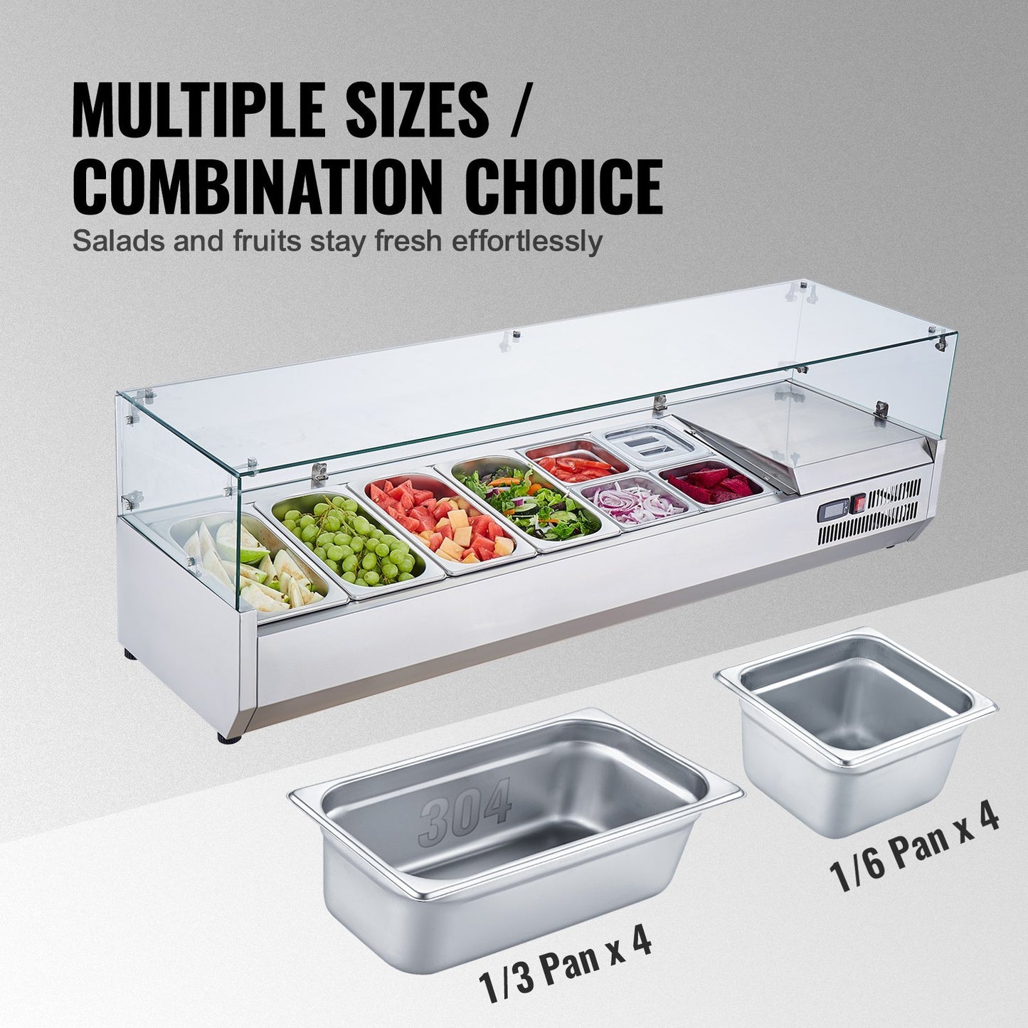 VEVOR Refrigerated Condiment Prep Station, 150 W Countertop Refrigerated Condiment Station, 304 Stainless Body And PC Lid, Sandwich Prep Table With Glass Guard, ETL