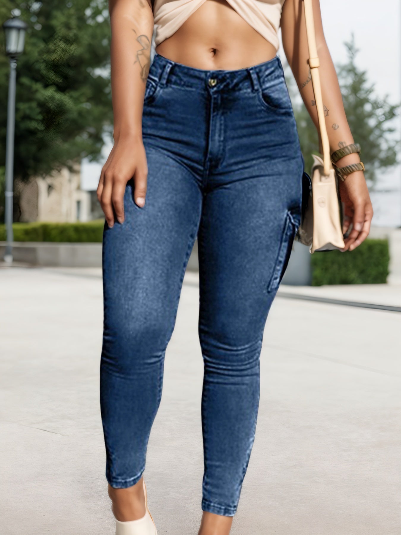 Multi-pocket High-stretch Mid-rise Zipper-hem Skinny Pencil jeans And Top