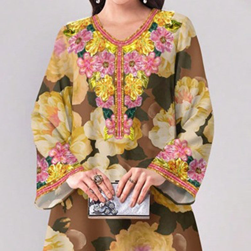 Women's Vibrant Floral Print V-Neck Long Sleeve Maxi Dress Elegant Bohemian A-Line Long