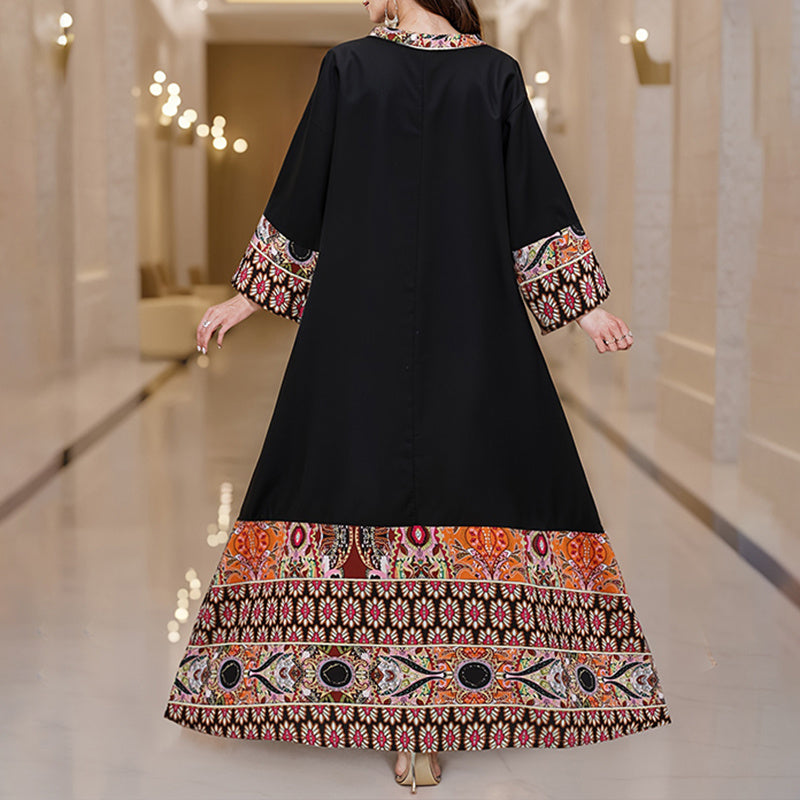 Women's Summer Plus Size Ethnic Print Boho Casual Notched V Neck Long Sleeve Maxi Dress