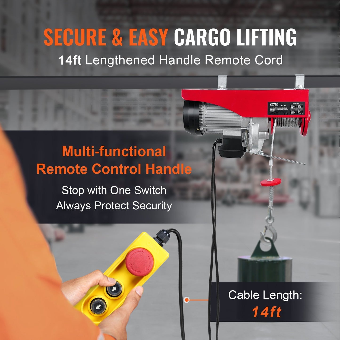 VEVOR 2200 Lbs Attic Lift, 1600W 110V Electric Hoist With 14ft Wired Remote Control, 40ft Single Cable Lifting Height & Pure Copper Motor, For Garage Warehouse Factory