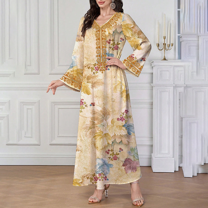 Women's Chic Bohemian Floral V-Neck Maxi Dress, Elegant Golden Long Sleeve Loose Fit Casual