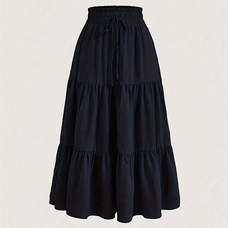Women's Solid Color High-Waist Knot Detail Flowy Pleated Midi Skirt - Elegant A-Line Skirt