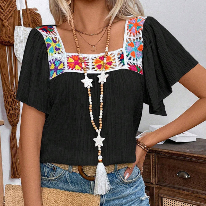 Women's Elegant Square Neck Crochet-Trimmed Geometric Floral Print Short Sleeve Shirt Casual Top