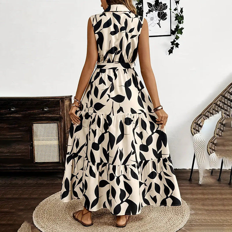 Sleeveless Boho Floral Maxi Dress Summer Button Shirt V Neck Flowy Belted Dresses