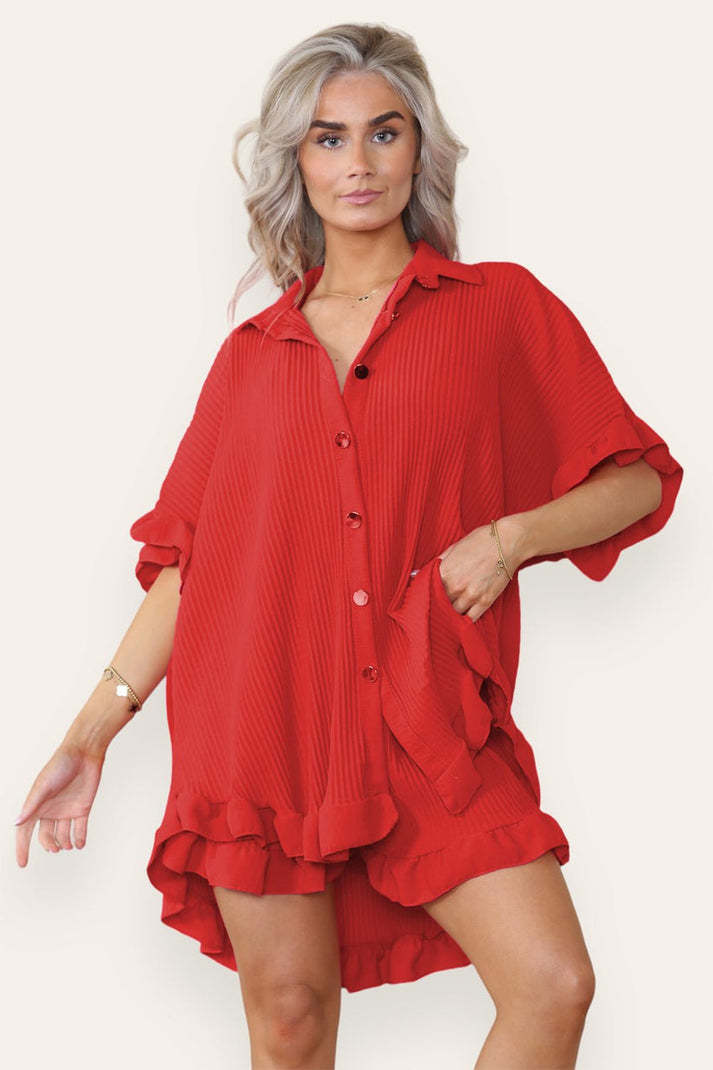 Casual Oversized Gold Button Pleated Frilled Ruffle Short Sleeves Shirt Top And Short Set