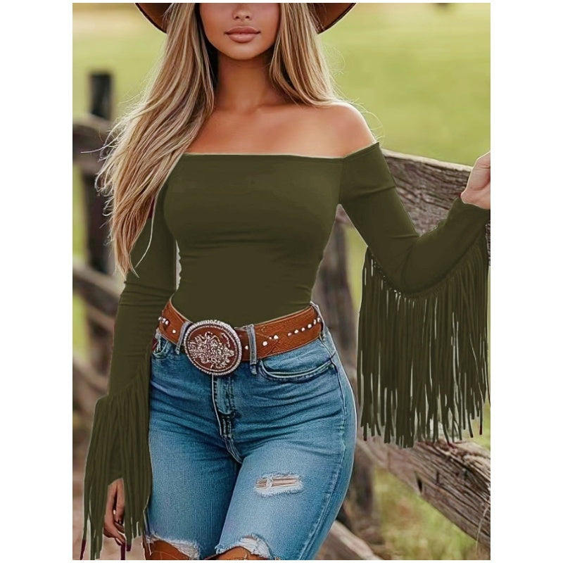 Women's Western Cowgirl Off-Shoulder Fringe Top, Slim Fitted Long Sleeve Tassel Blouse