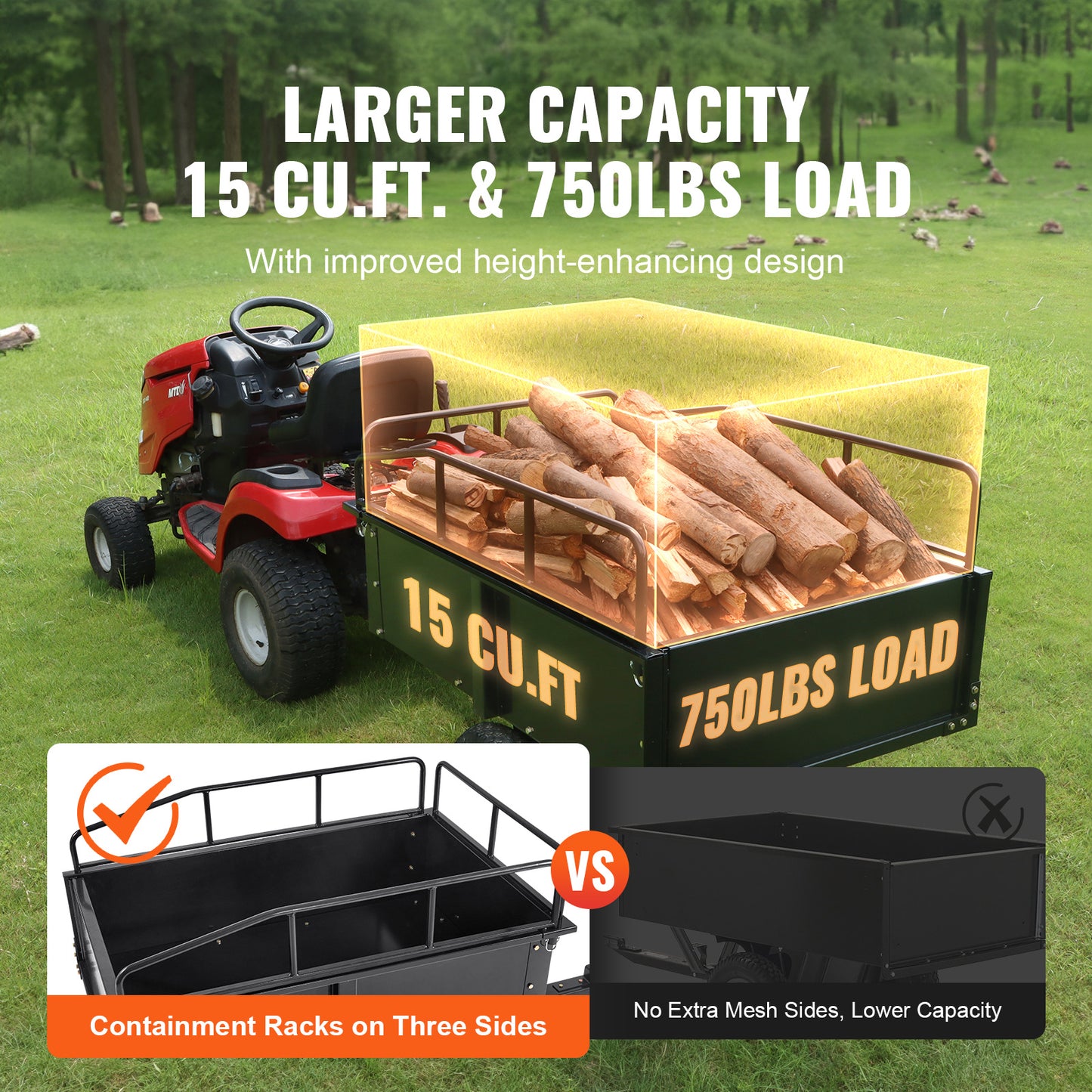 VEVOR Heavy Duty ATV Trailer Steel Dump Cart, 750-Pound 15 Cubic Feet, Garden Utility Trailer With Removable Sides For Riding Lawn Mower Tractor