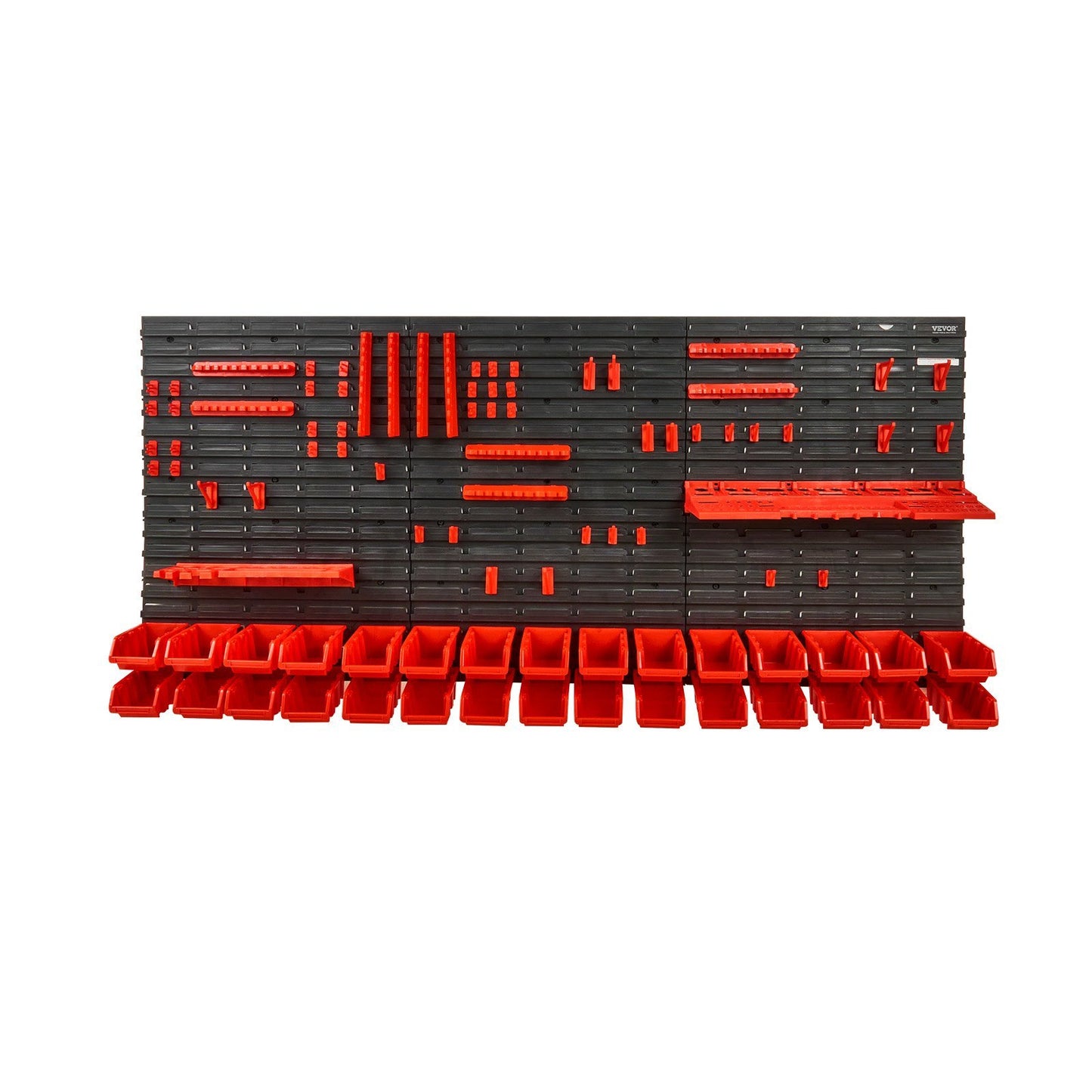 VEVOR Wall Mounted Storage Bins, 30-Bin Parts Rack Organizer Garage Plastic Shop Tool With Wall Panels Tool Holders Hooks, Tool Organizer For Nuts, Bolts, Screws, Nails, Beads, Buttons, Black And Red