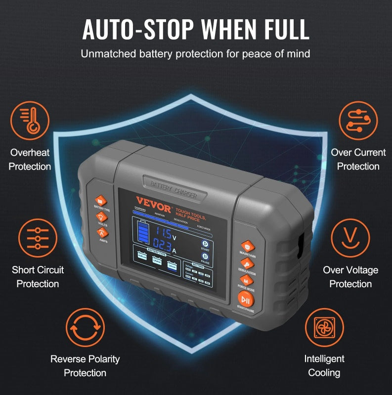 VEVOR Smart Battery Charger, 20-Amp, Lithium LiFePO4 Lead-Acid AGM Gel SLA Car Battery Charger With LCD Display, Trickle Charger Maintainer Desulfator For Boat Motorcycle Lawn Mower Deep Cycle