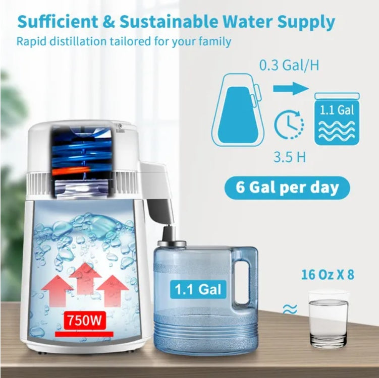 VEVOR 1.1Gal Water Distiller, 0.3Gal H, 750W Distilled Water Maker Machine 0-99H Timing Set Temp Display, 304 Stainless Steel Countertop Distiller Plastic Carafe Cleaning Powder 3 Carbon Packs, White