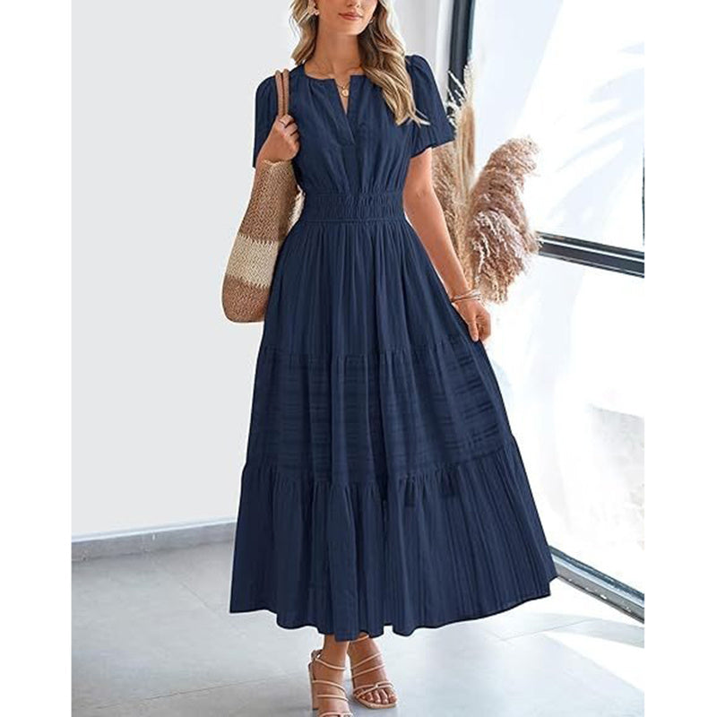 Summer Short Sleeve V Neck Swing Dress Flowy Pleated Tiered Maxi Beach Sundress