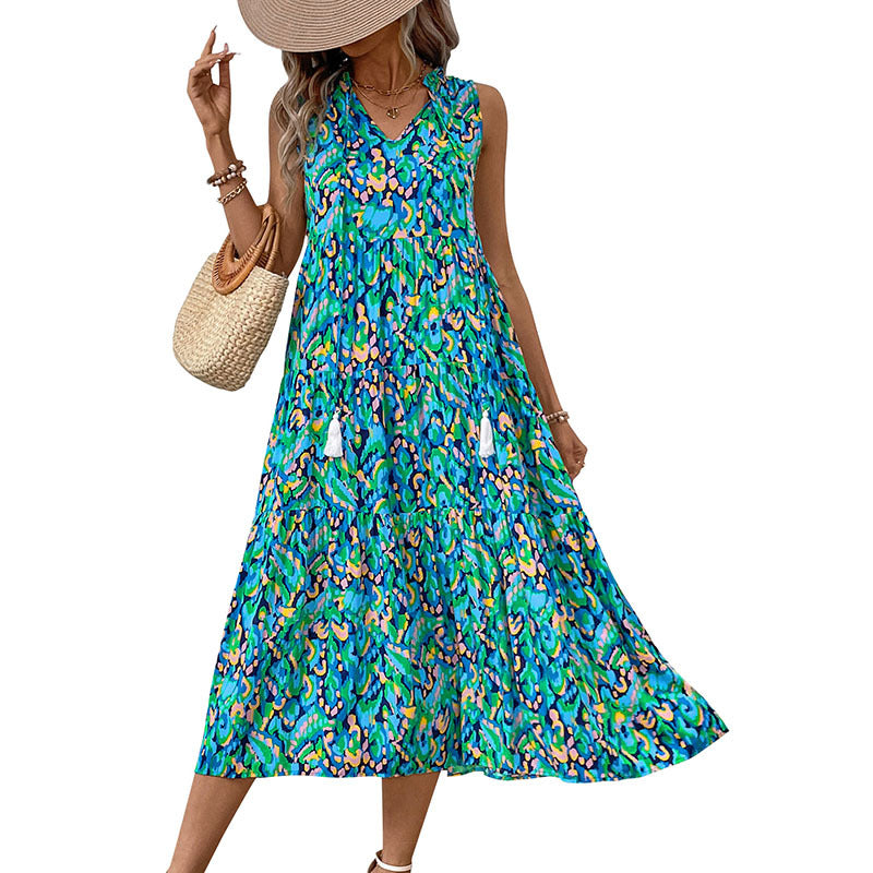 Women's Bohemian Sleeveless Tassel Tie-Dye Maxi Dress Casual Sundress