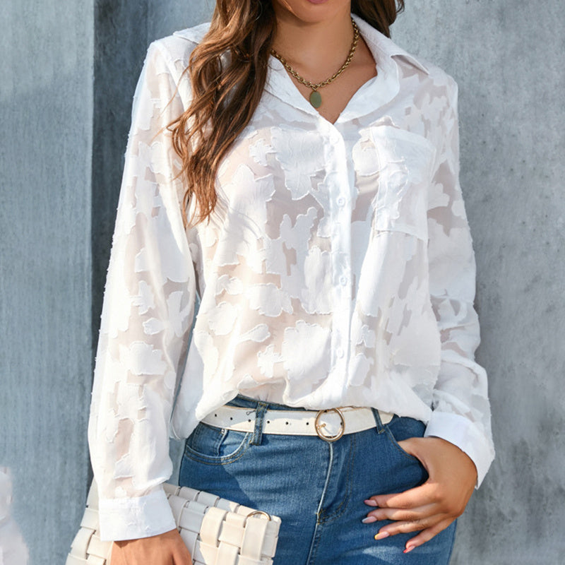 Women's Casual Sheer Button Down Shirt Long Sleeve V Neck Jacquard Blouse Top