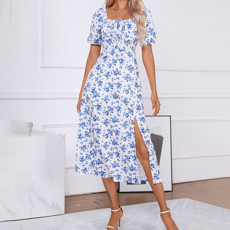 Women's Square Neck Floral Print Dress With Puff Sleeves & Side Slit - Elegant Boho Maxi Dress
