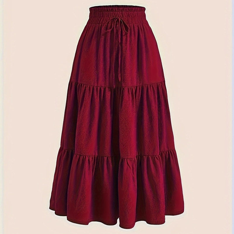 Women's Solid Color High-Waist Knot Detail Flowy Pleated Midi Skirt - Elegant A-Line Skirt