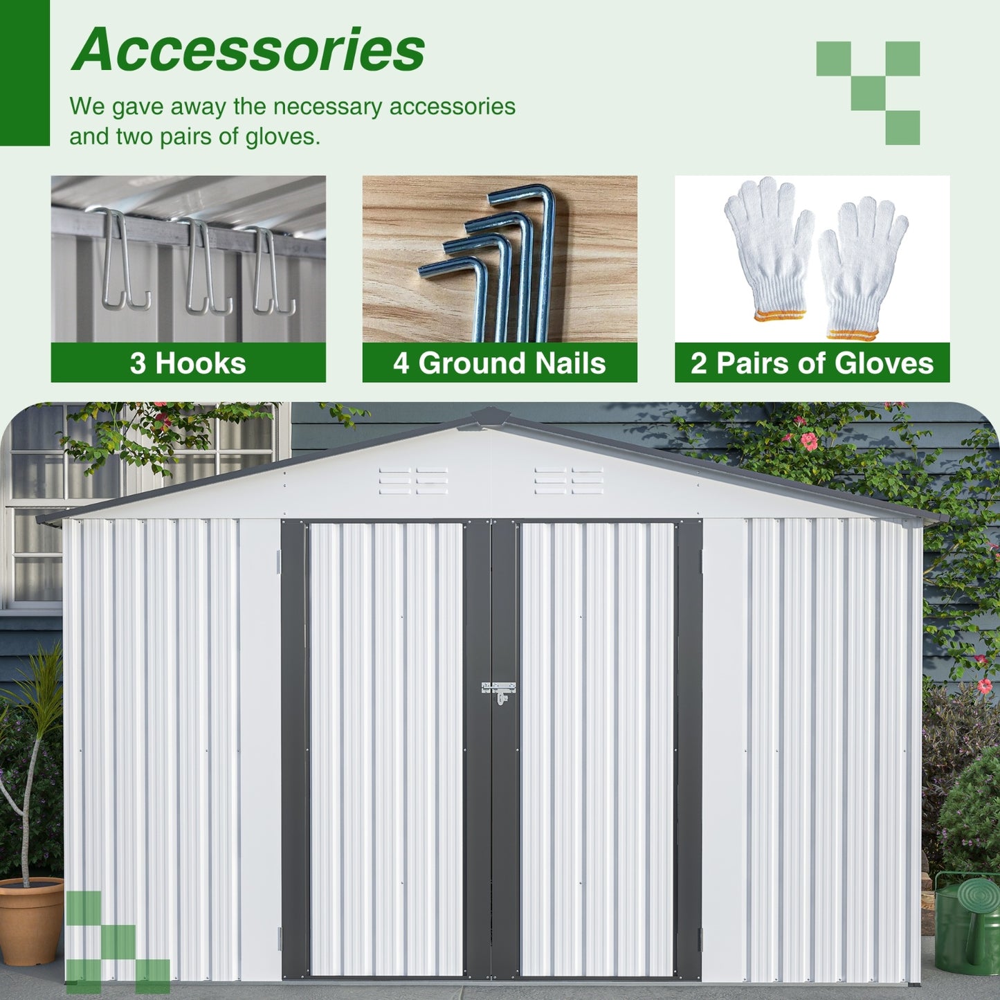 10X8 FT Outdoor Storage Shed, All Weather Metal Sheds With Metal Foundation & Lockable Doors, Tool S