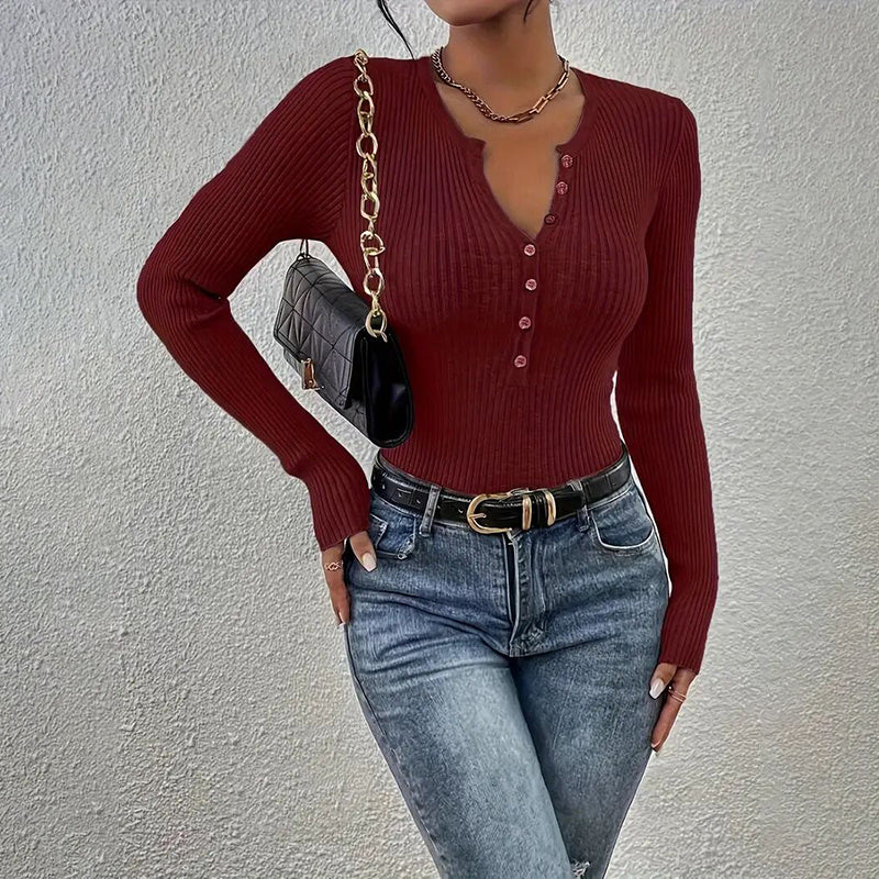 Women's Elegant V-Neck Button Detail Knit Sweater - Long Sleeve Solid Color Casual Pullover
